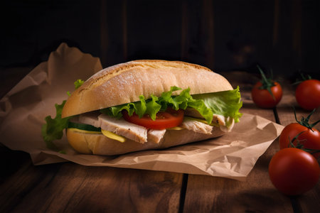 Sandwich with chicken, lettuce, tomatoes and cheese on wooden backgroundの素材