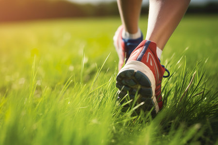 Close-up of woman running on green grass at sunny summer dayの素材
