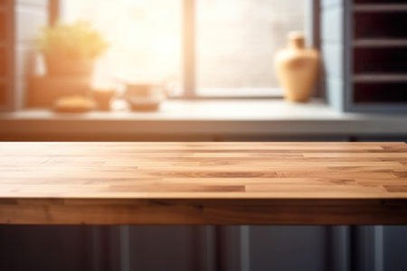 Empty wooden table in front of blurred kitchen background, product display montageの素材
