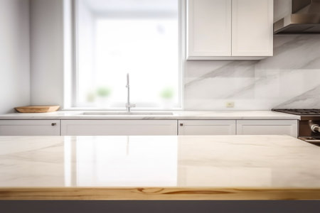 Close up of white kitchen interior with wooden countertop. Mock up, 3D Renderingの素材