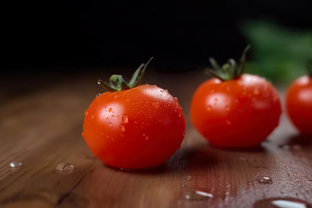 Ripe red tomatoes on a wooden table. Selective focus.の素材