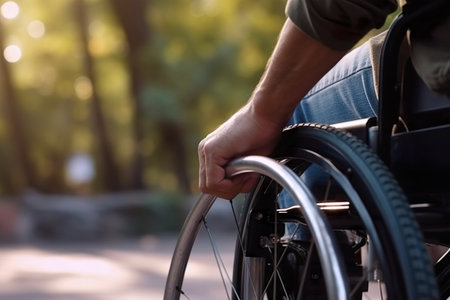 Close-up of disabled man sitting in wheelchair outdoors, focus on handの素材