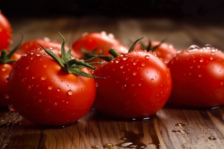 Tomatoes with drops of water on a wooden background. Fresh tomatoes.の素材