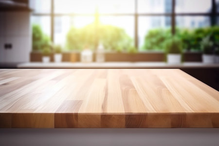Empty wooden table in modern kitchen interior. Mock up, 3D Renderingの素材
