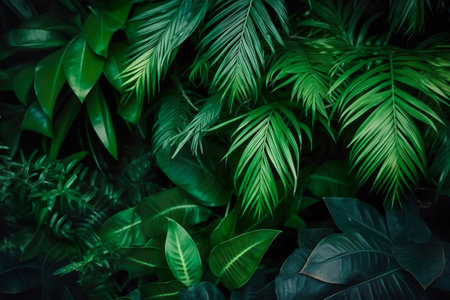 Tropical green leaves background. Copy space for text or designの素材