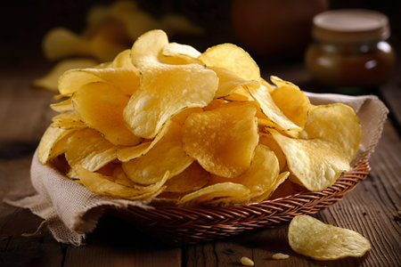 Potato chips in a basket on a wooden background. Selective focus.の素材