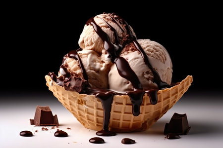 Ice cream in a waffle cup with chocolate and chocolate syrup on a black background.の素材