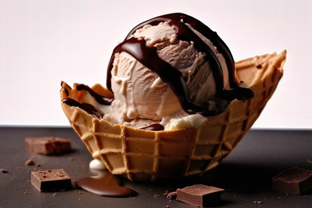 Ice cream with chocolate on a dark background. Close-up.の素材