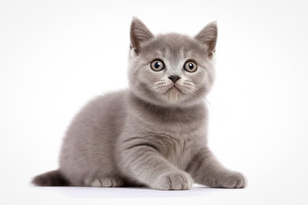 British shorthair kitten lying on the floor isolated on a white background.の素材