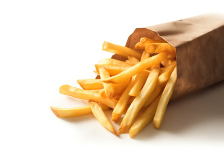 French fries in a paper bag isolated on white background. Close up.の素材