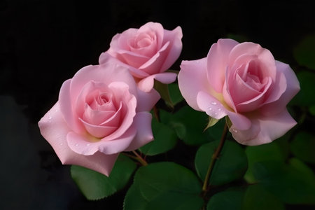 Pink and white roses with water droplets on the petals.の素材