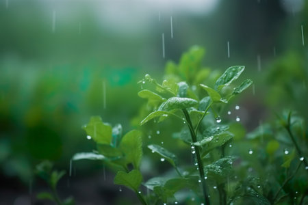 Water drops on the leaves of the plant in the garden after rain.の素材