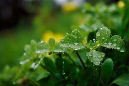 Water droplets on the leaves of a green plant in the garden.の素材