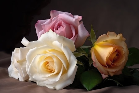 Three white and pink roses on a brown background. Close-up.の素材