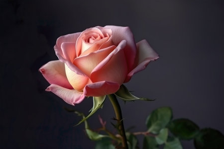 Beautiful pink rose on a dark background, close-up.の素材