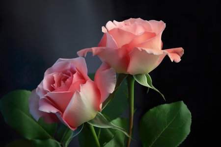 Beautiful pink roses on a black background. Close-up.の素材