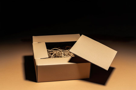 Open cardboard box on brown background with copy space for your text.の素材