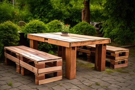 Wooden table and chairs in the garden at summer day, outdoorの素材