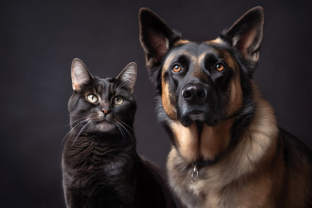 Cat and dog on a black background. Portrait of a German Shepherd.の素材