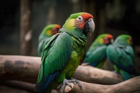 Parrots sitting on a tree branch in the aviary of a zooの素材