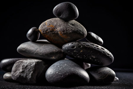Stack of black stones on black background. Zen and relaxation concepts.の素材