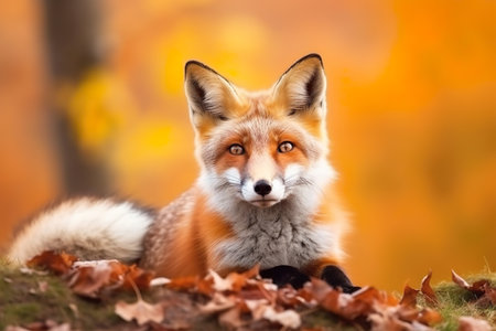 Close-up of a red fox in an autumn forest. Beautiful red fox portrait.の素材