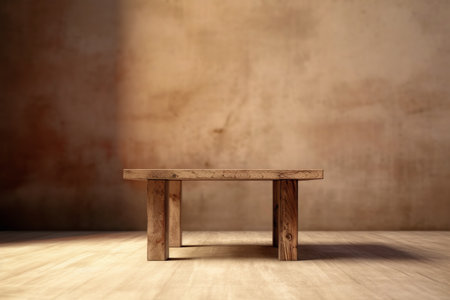 Wooden table in front of a grunge wall. 3d renderingの素材