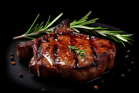 Grilled beef steak with rosemary and peppercorns on black backgroundの素材