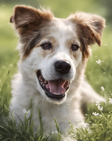Portrait of a cute dog on a green meadow with flowersの素材