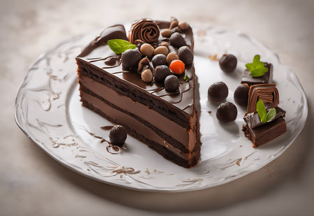 Piece of chocolate cake decorated with mint and berries on a white plateの素材