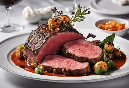Sliced roast beef with gourmet garnish on white plateの素材