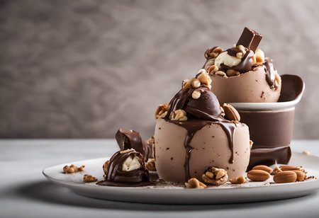 chocolate ice cream with nuts on a white plate, selective focusの素材