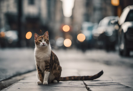 Beautiful cat sitting on the pavement in the city at night.の素材