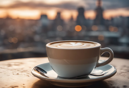 A cup of coffee on the table with a city view background.の素材