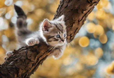 Cute little kitten on a tree branch in the autumn forest.の素材