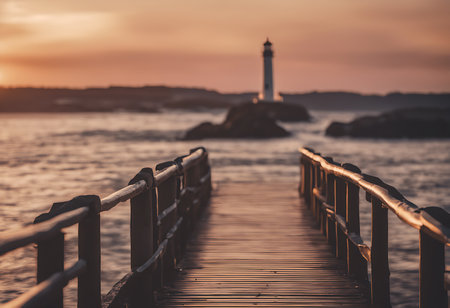 Lighthouse on the pier at sunset. Beautiful seascape.の素材