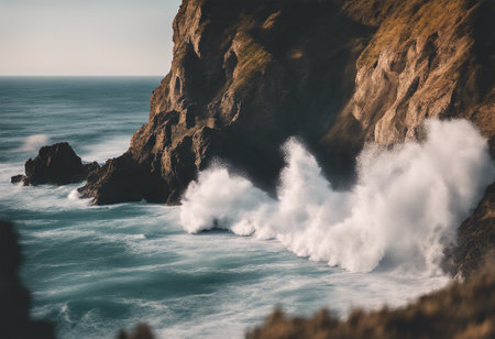 Beautiful seascape with ocean waves crashing on the rocks. Toned.の素材