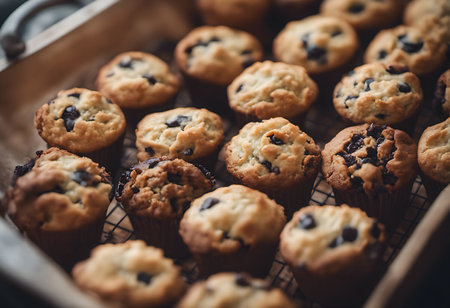 Homemade chocolate chip muffins in a wooden box. Selective focus.の素材