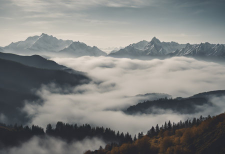 Mountain landscape with fog and clouds. Caucasus Mountains, Georgia, region Gudauri.の素材