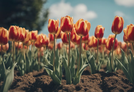 Colorful tulip flowers blooming in the garden - Vintage Filterの素材