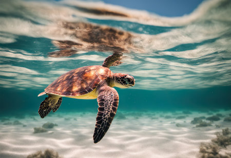 Hawaiian Green Sea Turtle swimming underwater in blue ocean water.の素材