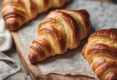Freshly baked croissants on a wooden board, selective focusの素材