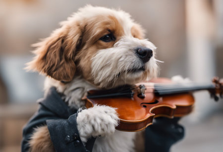 Cute puppy playing violin in the park. Selective focus.の素材