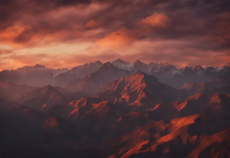 Mountains in the clouds at sunset, 3d rendering. Computer digital drawing.の素材