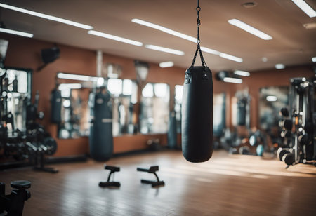 Fitness gym interior with punching bag and other equipment. Selective focusの素材