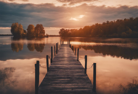 Wooden pier on the lake at sunset. Beautiful autumn landscape.の素材
