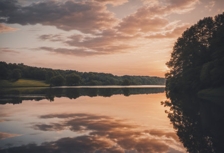 Beautiful sunset over the lake with reflection of trees in the waterの素材