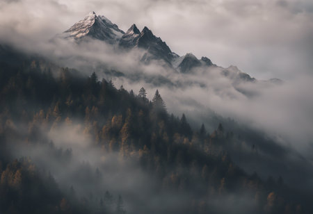 Mountains in the fog. Caucasus, Dombai, Russiaの素材