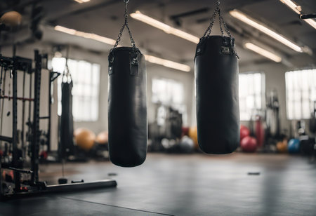 Punching bags on the floor in the gym. Selective focus.の素材