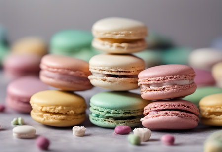 Colorful macaroons on grey background, close-up.の素材